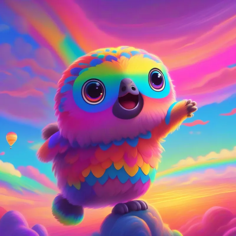 Rainbow-colored character with big round eyes, always smiling saying goodbye to the animals, skipping home under a colorful sunset