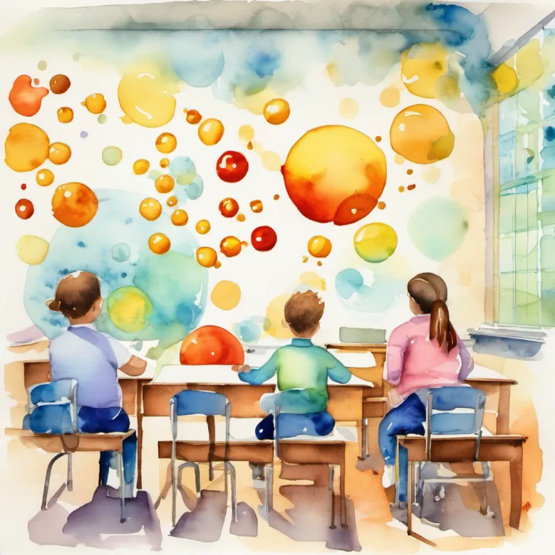 Classroom scene, focus on fat molecules on the wall.