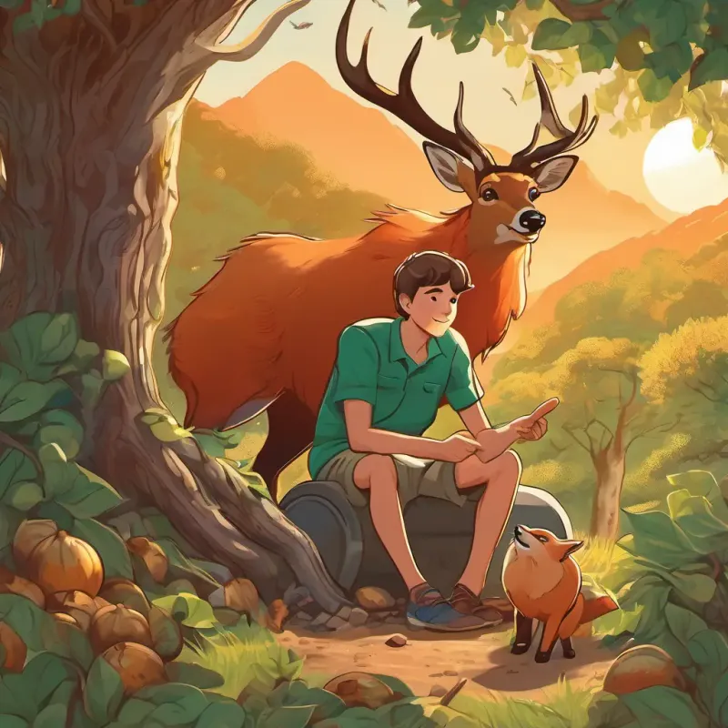 Ben, a young boy with green gum in his mouth, sitting in the sun under a big fig tree. He has a bag of figs and is surrounded by figs that he nudge into a bin. A red fox with a bug in its paw stands nearby, while a big tree with a den for an elk can be seen in the background. Ben is seen patting the elk and digging a mud pit for it. The sun is setting, and Ben is back in his hut, sipping hot gum tea.