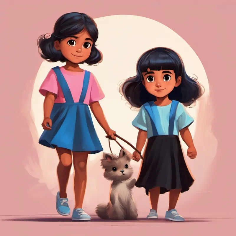 Niña con cabello castaño y vestido rosa y Niño con cabello negro y camiseta azul son hermanos jugando afuera