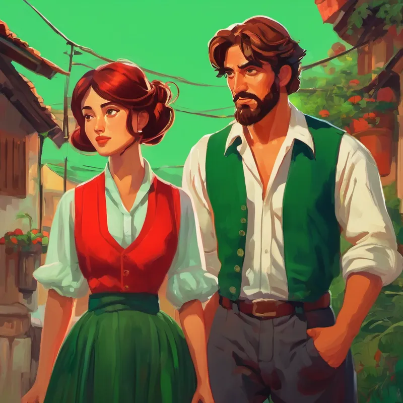 La Mujer con cabello largo y delantal rojo y el Hombre con cabello corto y camisa verde discutiendo con caras enojadas