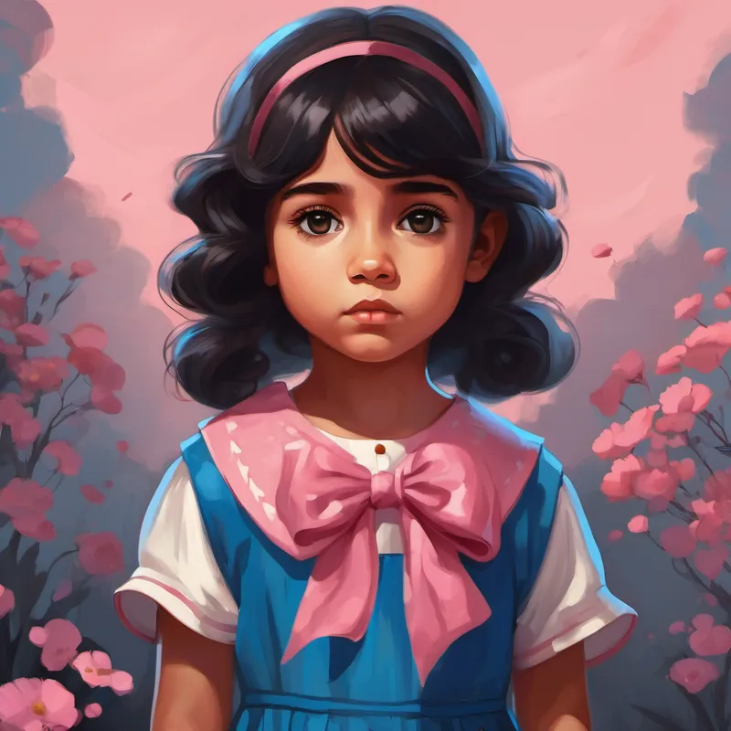 Niña con cabello castaño y vestido rosa y Niño con cabello negro y camiseta azul con caritas tristes