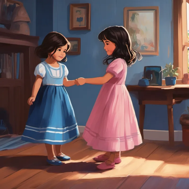 Niña con cabello castaño y vestido rosa y Niño con cabello negro y camiseta azul jugando tranquilos en su cuarto