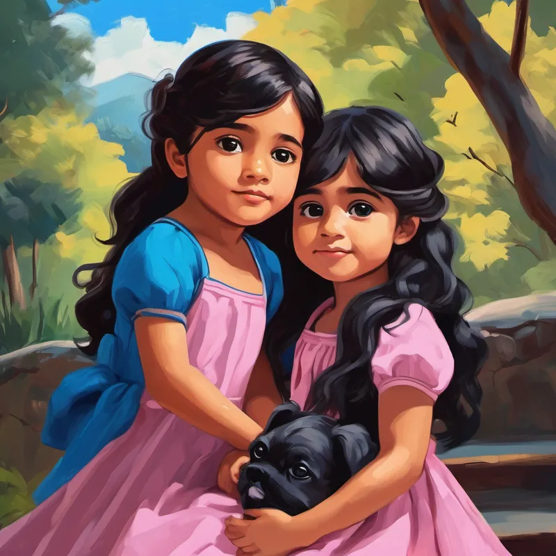 Niña con cabello castaño y vestido rosa y Niño con cabello negro y camiseta azul esperando tranquilos