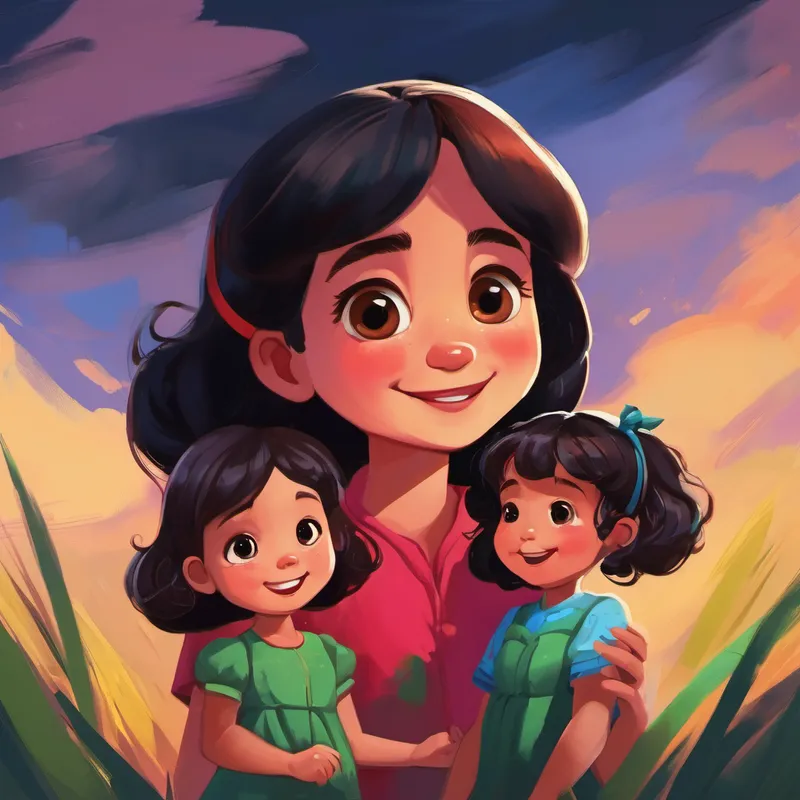 Niña con cabello castaño y vestido rosa y Niño con cabello negro y camiseta azul con su Mujer con cabello largo y delantal rojo y Hombre con cabello corto y camisa verde sonriendo