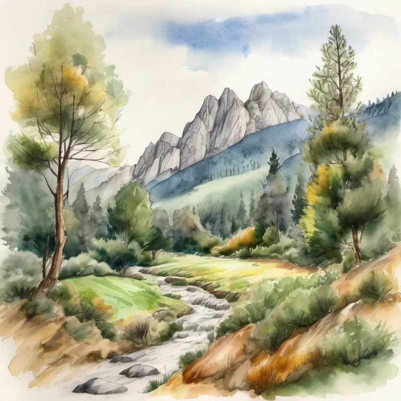 Paisaje con bosque y montañas, osos de diferentes tamaños