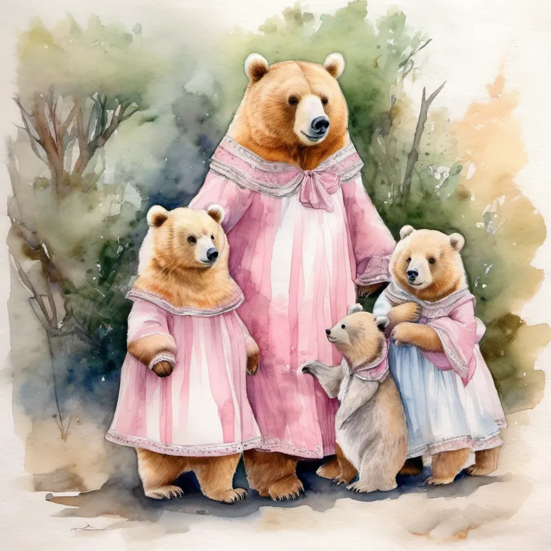 Familia de osos rodeando a la rubia con un vestido rosa
