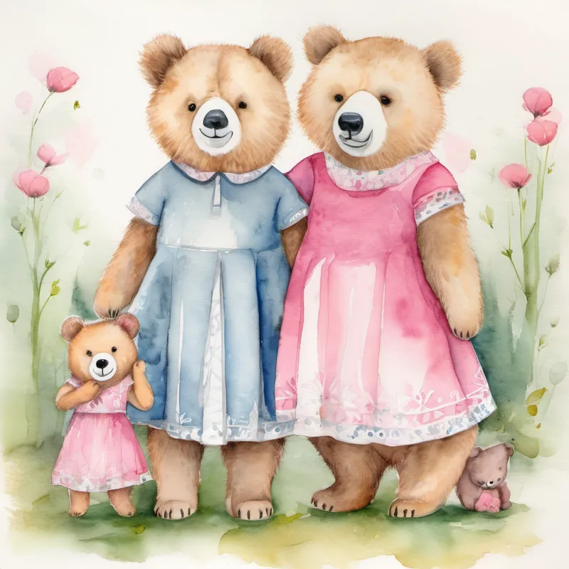 Familia de osos y rubia con un vestido rosa felices juntos