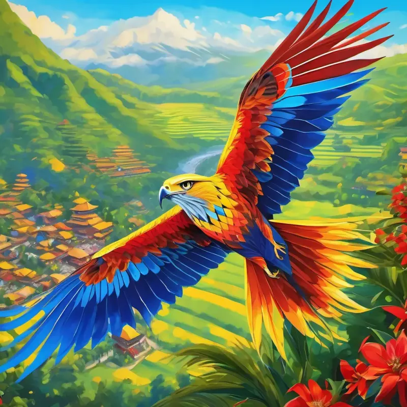 Introduction to Vibrant yellow and red kite, bright blue eyes, long tail and the exciting setting of the Bali Vibrant yellow and red kite, bright blue eyes, long tail Festival.