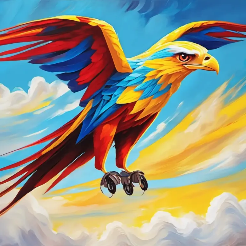 Vibrant yellow and red kite, bright blue eyes, long tail taking flight and experiencing the exhilaration of the festival.