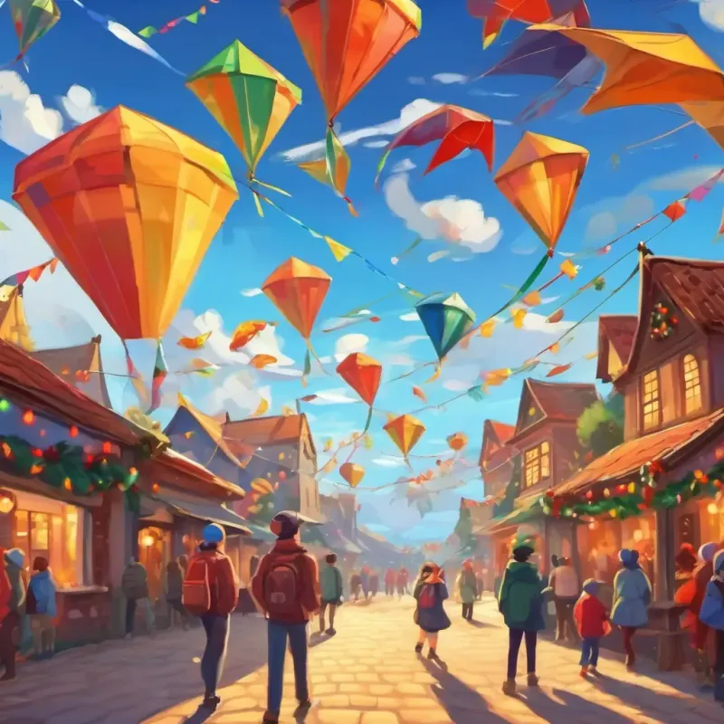 Observing the diverse kites at the festival, setting the scene for the adventure.