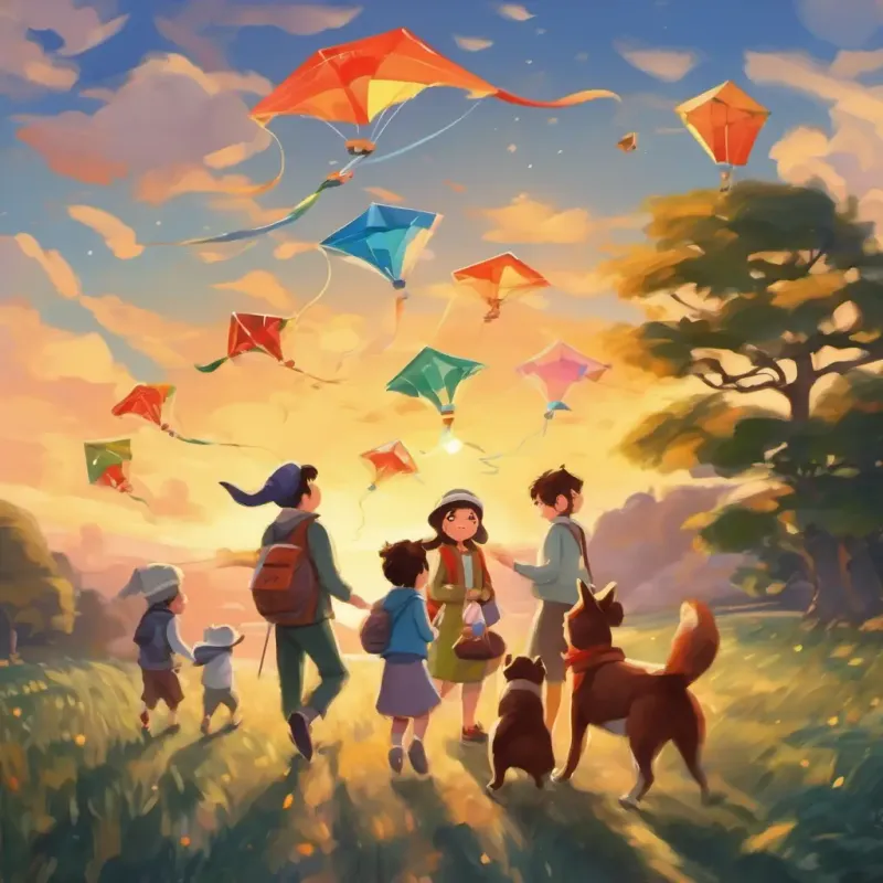 Meeting the group of animal-shaped kites, establishing camaraderie and fun.