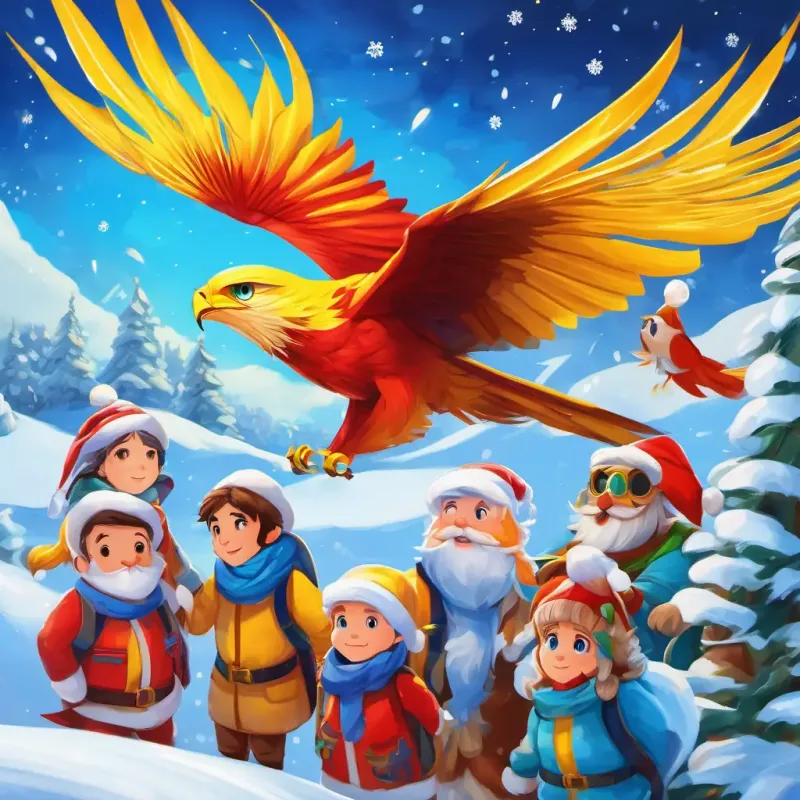 Resolution as Vibrant yellow and red kite, bright blue eyes, long tail and friends showcase teamwork and resilience in the face of adversity.