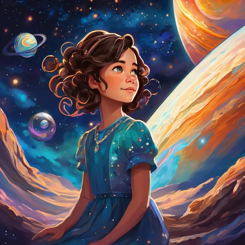 As she peered through the magical lens, the night sky transformed before her very eyes. She found herself floating weightlessly, surrounded by swirling kaleidoscopes of color. At first, Amelia was filled with awe and excitement. The immense beauty and infinite expanse of the cosmos seemed to reach out and embrace her. Amelia's first stop was the majestic planet Jupiter. Its swirling clouds and enormous storms held a mesmerizing charm. But as Amelia explored further, she noticed a peculiar sight in the distance. Among Jupiter's glistening rings, she spotted an enchanting piece of space rock. It shimmered with an otherworldly glow, begging to be investigated.
