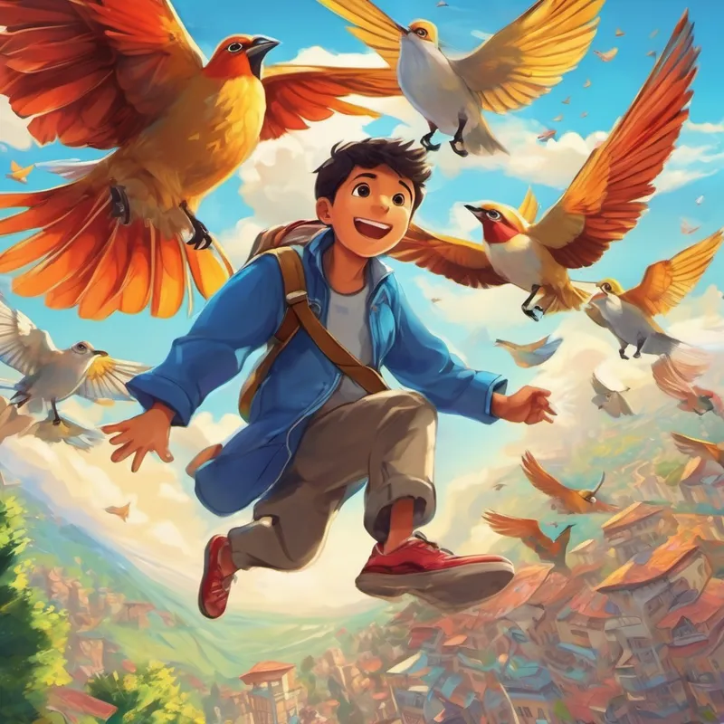 Ali couldn't believe his eyes! He quickly put on the shoes and, in a blink of an eye, he found himself soaring up into the sky. The flying shoes took him on a marvelous adventure beyond his wildest dreams. As Ali flew higher and higher, he noticed a group of bright and colorful creatures flying alongside him. They were the Ayakkabı Kuşları or "Shoe Birds." These adorable birds had wings that looked like shoe soles, and they were the protectors of the flying shoes.