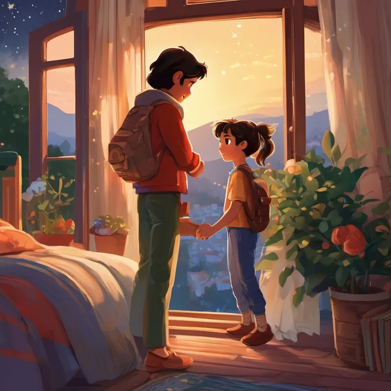 Using his new flying shoes, Ali and Şila flew back home just in time for bedtime. Ali gently stepped through his bedroom window, careful not to wake anyone. Then, he tiptoed to Zara's room and whispered her name, slowly waking her up. Zara's eyes sparkled with excitement as Ali tucked her under his arm and put on the magical Uçan Ayakkabılar. Together, they soared through the starry night sky, visiting the magical places Ali had discovered before.