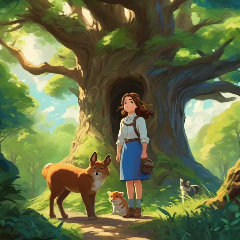 Emily is a kind girl with brown hair and bright blue eyes and Oakley is a tall oak tree with strong branches that reach the sky standing in a beautiful forest with animals and trees preparing for a party.