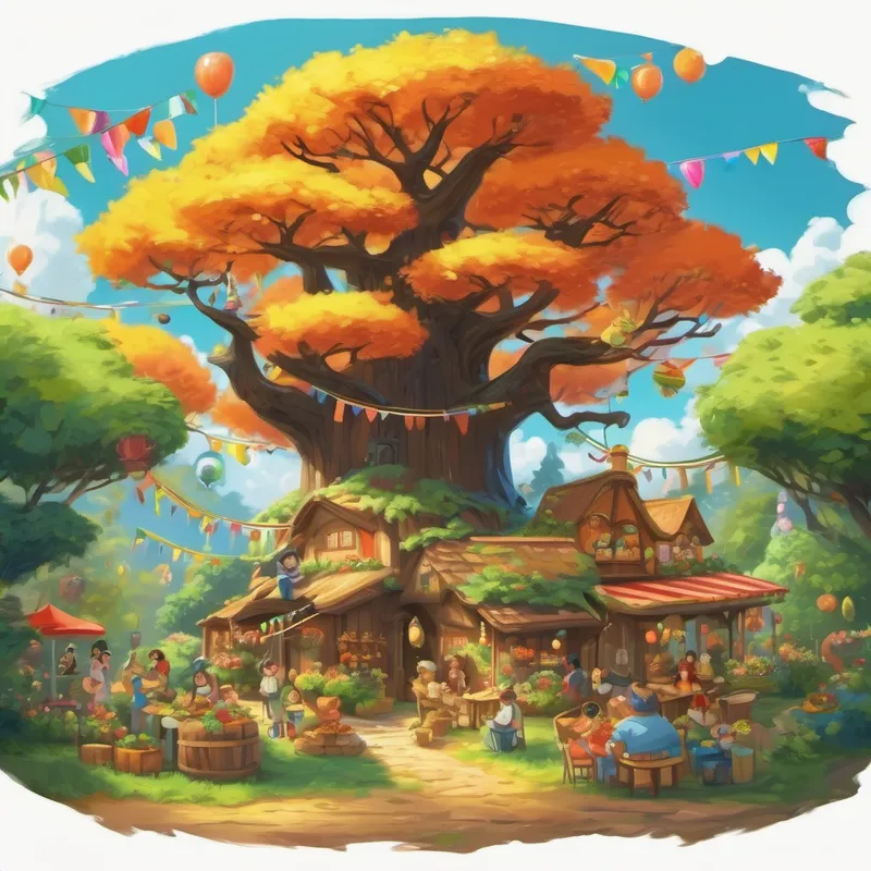 Animals and trees working together to set up the party decorations and food.