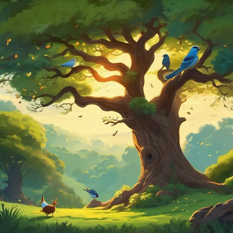 Birds singing and animals dancing with Oakley is a tall oak tree with strong branches that reach the sky leading the trees.