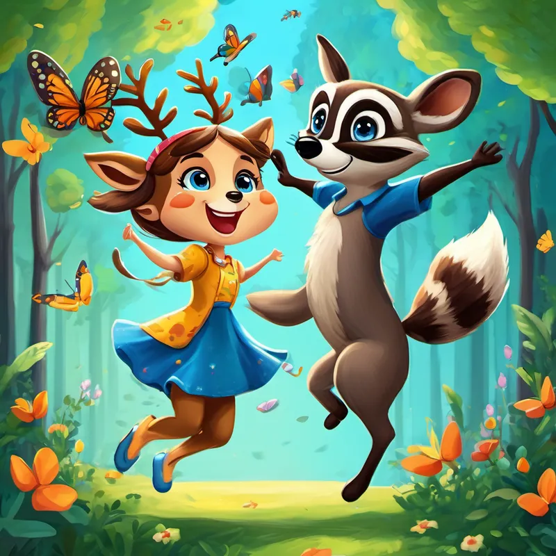 Dottie the deer leaping and Ricky the raccoon juggling, with Emily is a kind girl with brown hair and bright blue eyes dancing with butterflies.