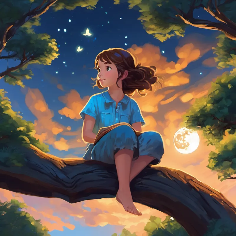 Emily is a kind girl with brown hair and bright blue eyes and Oakley is a tall oak tree with strong branches that reach the sky sitting under a glowing full moon while fireflies light up the surroundings.