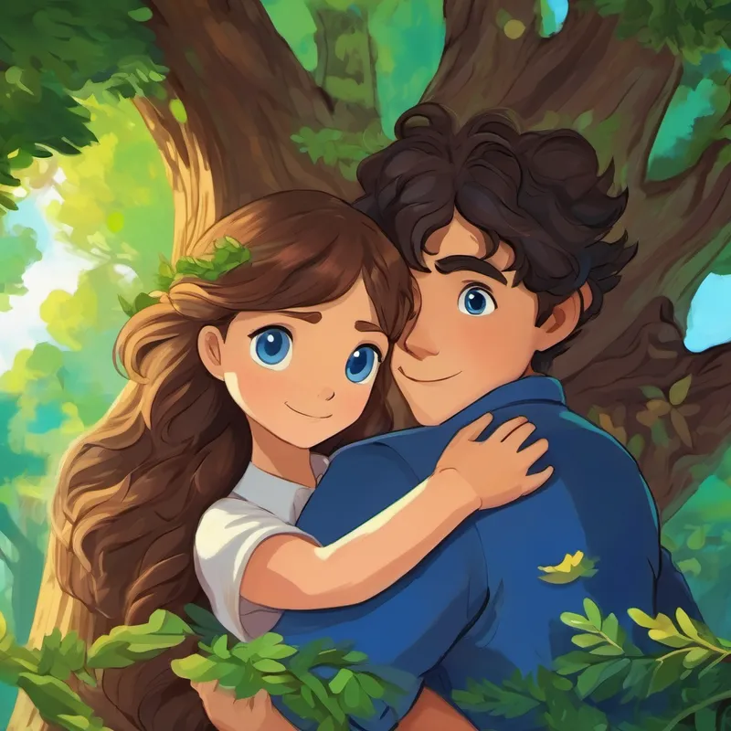 Emily is a kind girl with brown hair and bright blue eyes hugging Oakley is a tall oak tree with strong branches that reach the sky goodbye as the forest creatures wave.