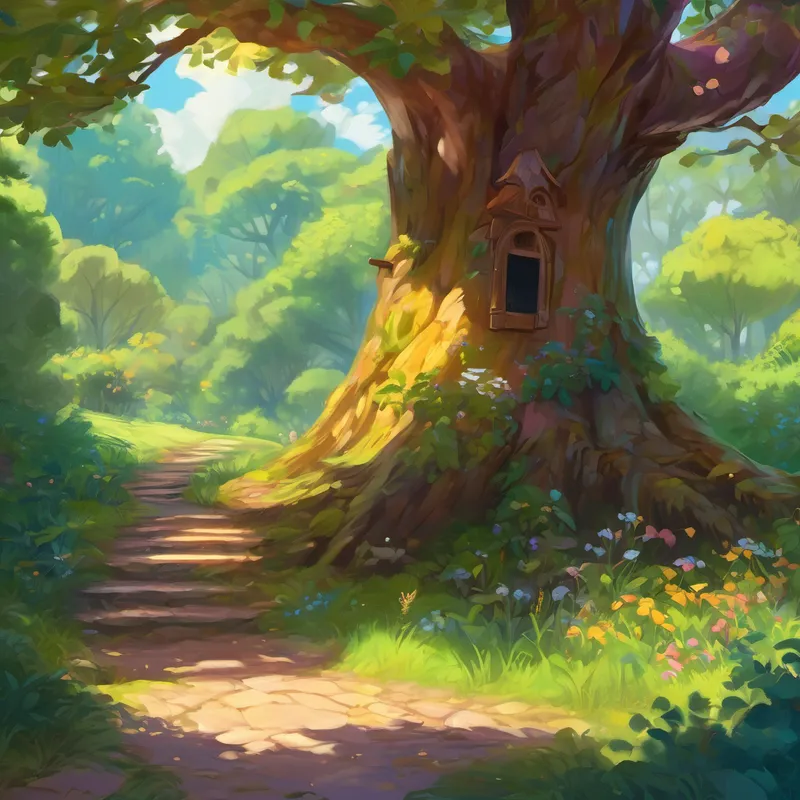 Once upon a time, in the peaceful village of Sunnyvale, there lived a young, curious girl named Lily. Lily had a heart full of joy and an insatiable hunger for knowledge. One beautiful summer day, as she was skipping along her favorite path through the enchanted forest, she stumbled upon a peculiar-looking tree. This tree was different from the others. It had vibrant, multicolored leaves and a trunk that seemed to twist and turn in all sorts of magical shapes. Intrigued, Lily decided to take a closer look. As she approached, the tree's branches wiggled with excitement, and it whispered softly to her.