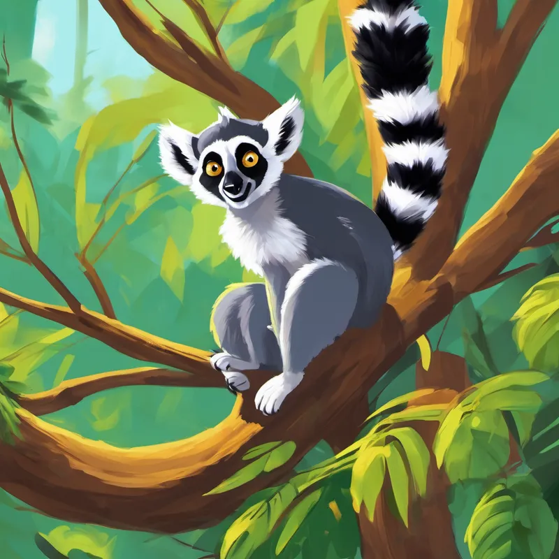 Next, Leo the Lemur brought Andy to the trees. They climbed up high and swung from branch to branch, just like all the lemurs in the forest did. Leo told Andy all about how they used their long tails to balance and their sharp claws to climb. Andy loved watching the lemurs jump and play, and he couldn't wait to tell his friends about them when he got back home.