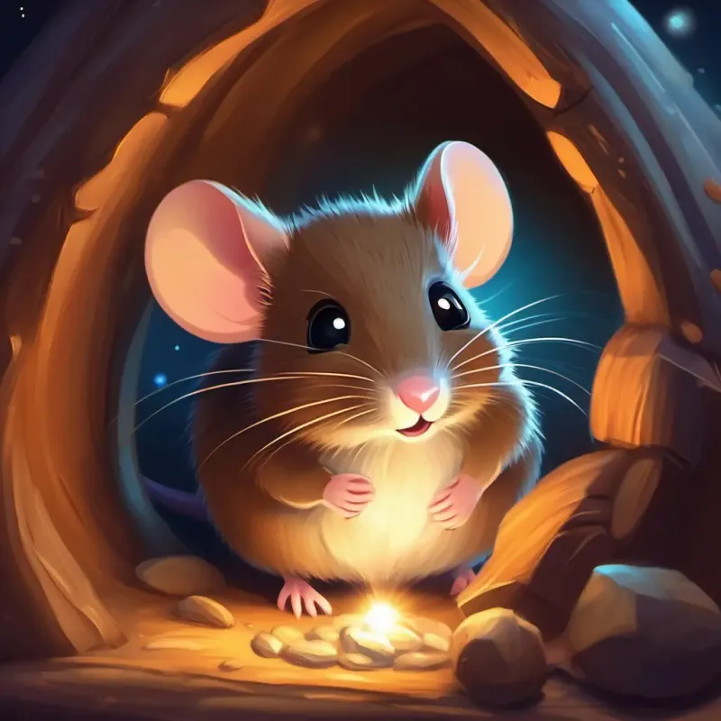 Small brown mouse with bright sparkling eyes in her cozy burrow, feeling curious and excited about her adventure.