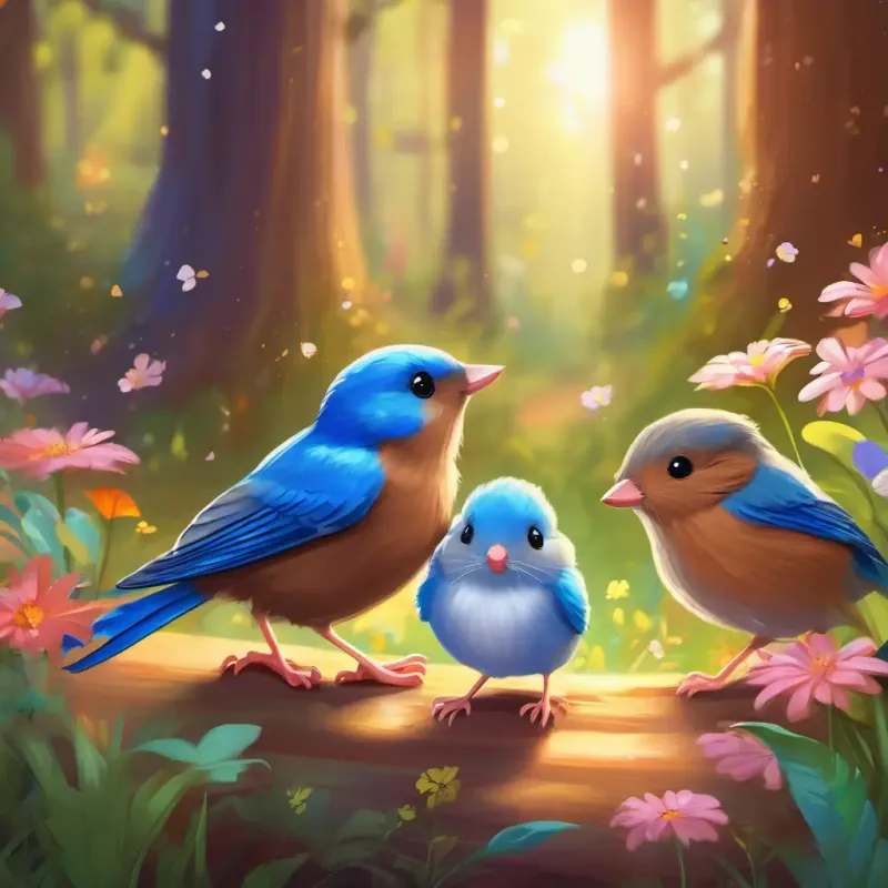 Small brown mouse with bright sparkling eyes meets Chatty bluebird with colorful feathers the bluebird in the sunny, flower-filled forest.