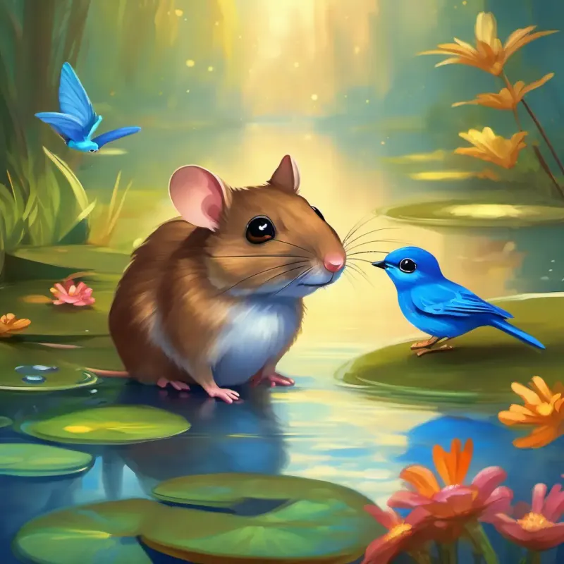 Small brown mouse with bright sparkling eyes and Chatty bluebird with colorful feathers joining the playful frogs by the shimmering pond, meeting Friendly deer with big gentle eyes the deer.