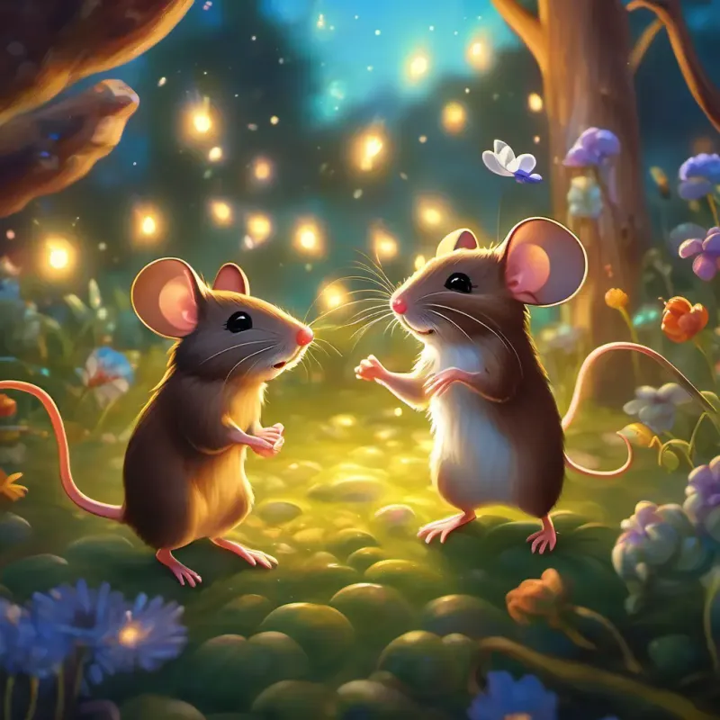 Small brown mouse with bright sparkling eyes and her friends dancing merrily in the magical, glowing garden at dusk.