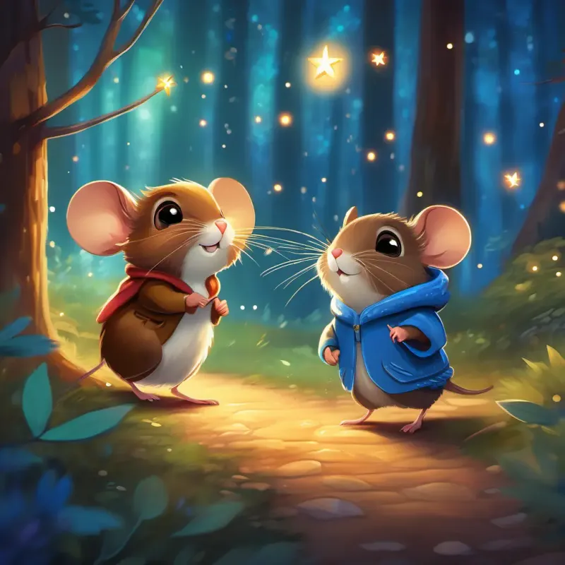 Small brown mouse with bright sparkling eyes, Friendly deer with big gentle eyes, and Chatty bluebird with colorful feathers happily walking through the forest, heading home as the stars twinkle above.