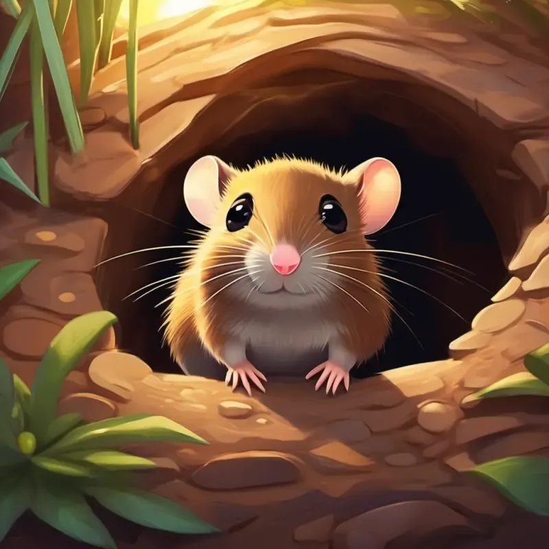 Small brown mouse with bright sparkling eyes waking up in her burrow, feeling excited and ready for more adventures.