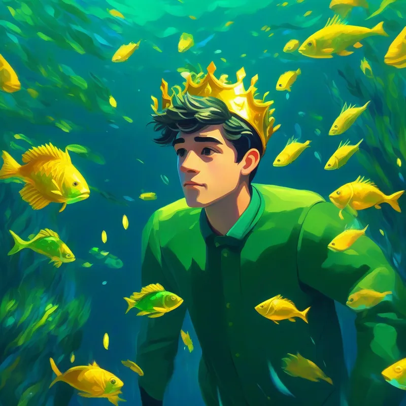 A young man named Derek with a golden crown and green suit swimming with colorful fish in the deep blue ocean