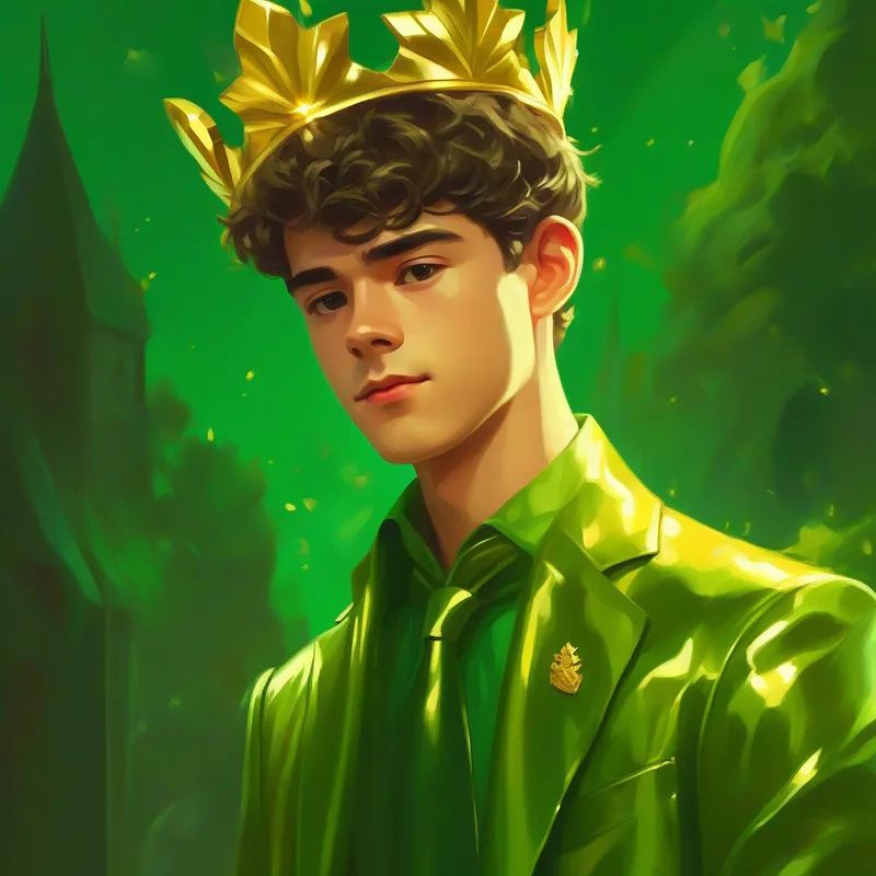 A young man named Derek with a golden crown and green suit wearing a golden crown and a shiny green suit