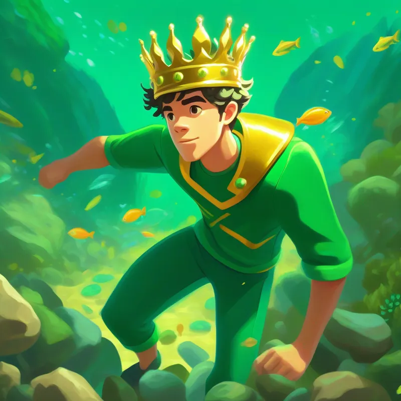A young man named Derek with a golden crown and green suit using his super strength to move rocks and save the coral reefs