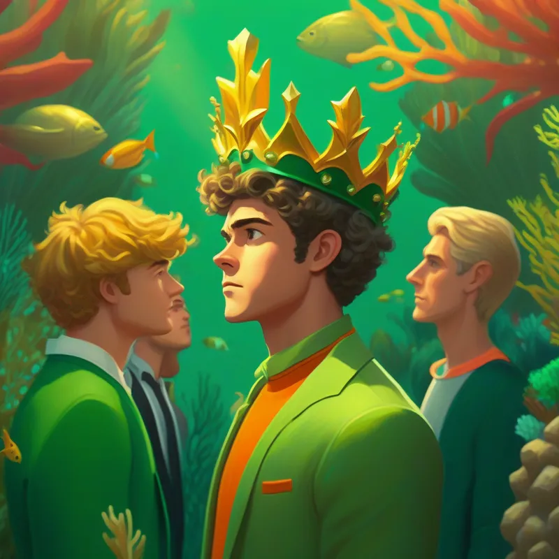 A young man named Derek with a golden crown and green suit discussing the coral reef problem with other superheroes