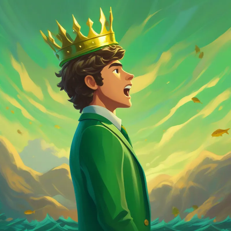 A young man named Derek with a golden crown and green suit using his powerful voice to spread the word about protecting the ocean