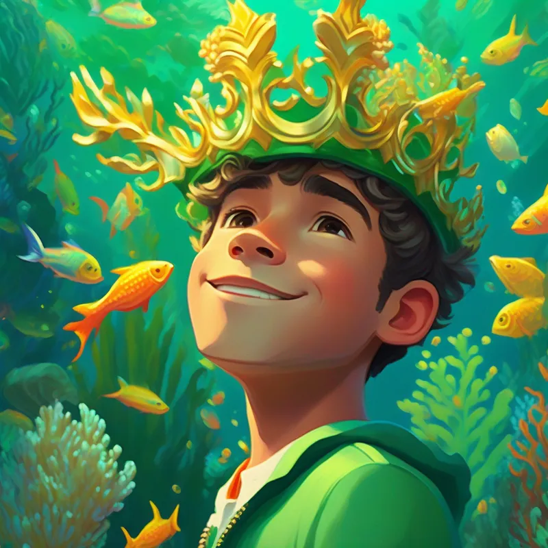 A young man named Derek with a golden crown and green suit celebrating the restored coral reefs with Colorful fish and other fascinating creatures of the ocean