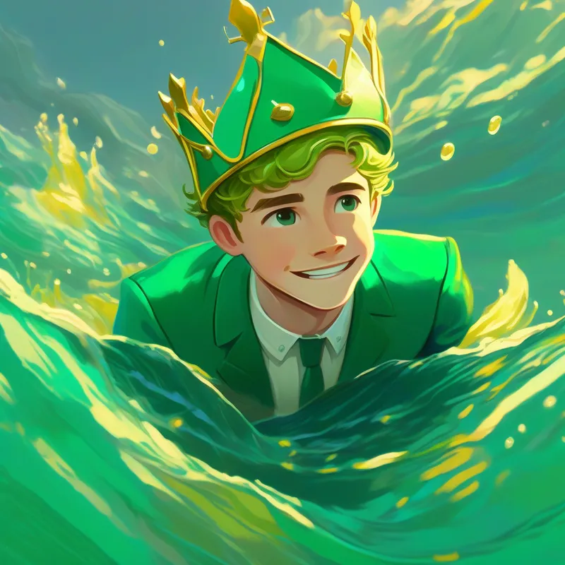 A young man named Derek with a golden crown and green suit swimming happily in the ocean, ready for new adventures