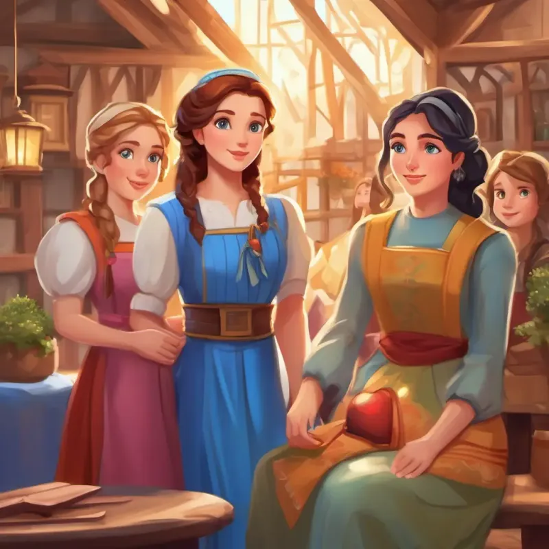 Kind-hearted with blue eyes and fair skin's home: Shows Kind-hearted with blue eyes and fair skin, her stepmother, and stepsisters. Busy and crowded setting.