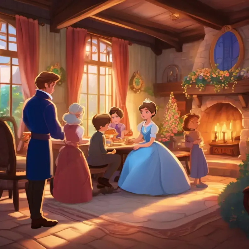 The royal ball invitation: Kind-hearted with blue eyes and fair skin dreaming and her stepfamily being mean. Cozy cottage setting.