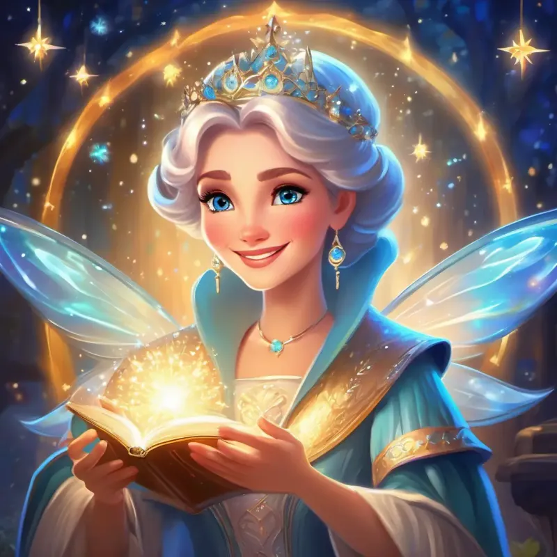 Magical and sparkly, with twinkling eyes and a kind smile appears: Magical moment with the fairy godmother and Kind-hearted with blue eyes and fair skin. Sparkling and enchanted setting.