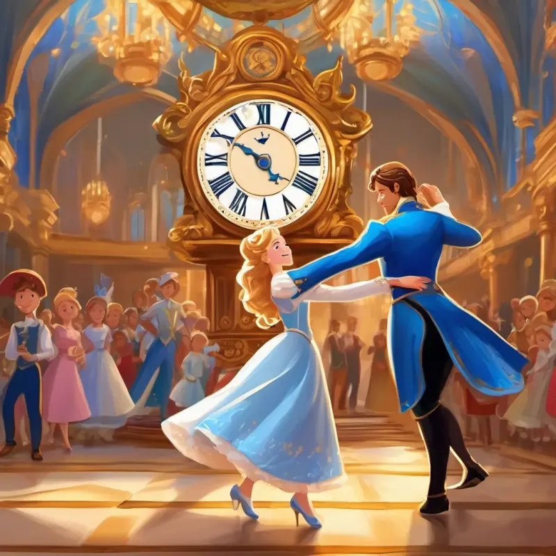 The royal ball: Kind-hearted with blue eyes and fair skin dancing with the prince and the striking clock. Grand palace setting.