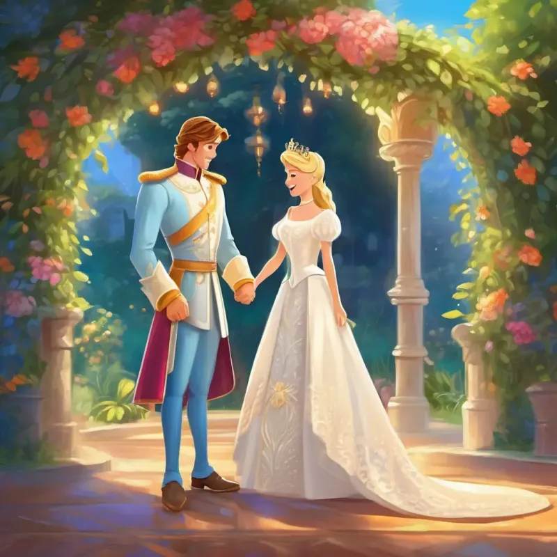 Happy ending: Kind-hearted with blue eyes and fair skin, the prince, and the slipper. Joyful and magical wedding setting.