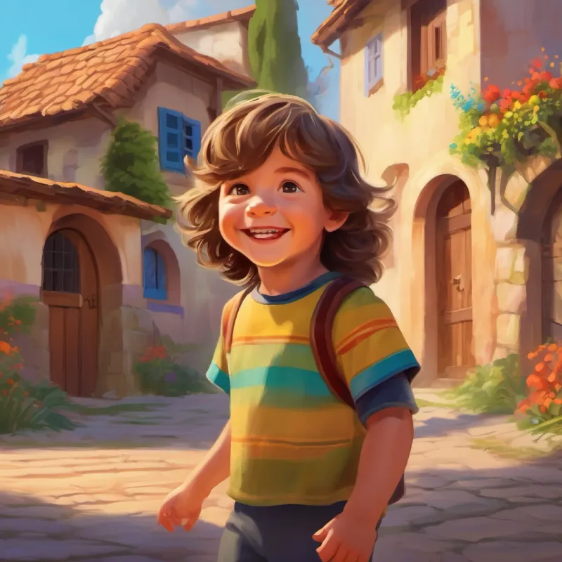 Introduction to Achille, a two-year-old boy with long hair, bright eyes, and a joyful smile, colorful village setting, effect of his smile