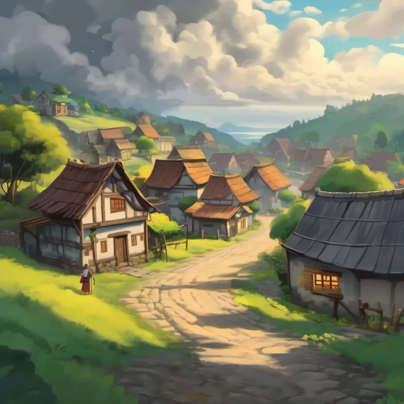 Village under a grey cloud, villagers sad, challenge introduced