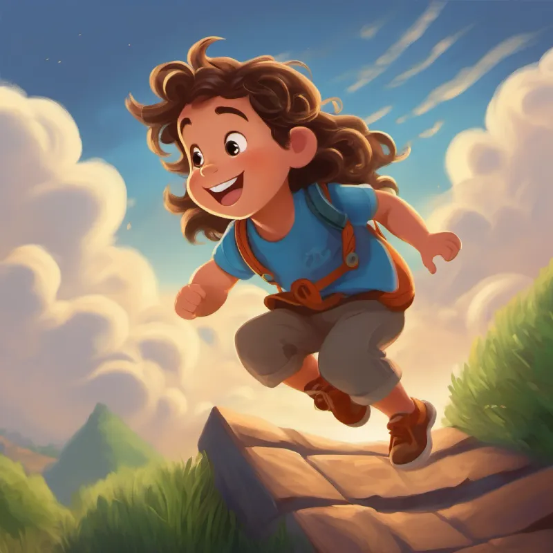 Achille, a two-year-old boy with long hair, bright eyes, and a joyful smile climbs hill, faces cloud, initial failure, but he's determined