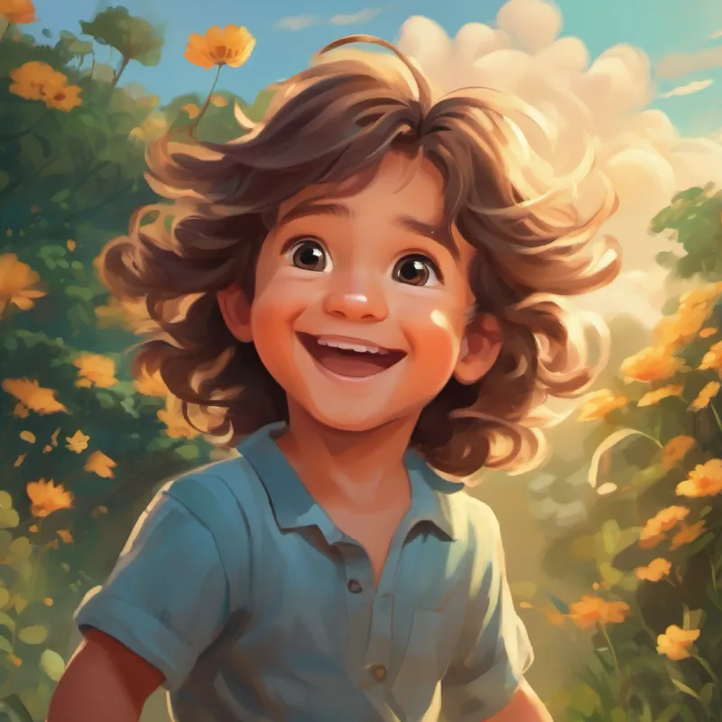Achille, a two-year-old boy with long hair, bright eyes, and a joyful smile tries again with happy memories, his smile affects the cloud